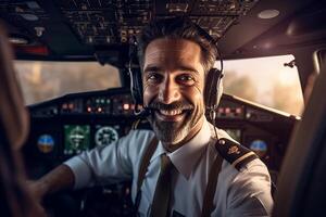 the cockpit of a plane with a happy man pilot with Generative AI photo