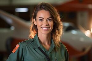 smiling female pilot standing in front of airplane with photo