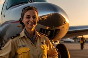 sonriente hembra piloto en pie en frente de avión con generativo ai foto