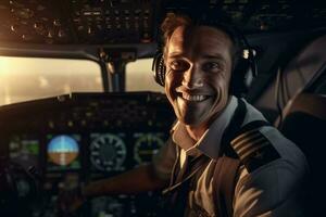 el cabina de un avión con un contento hombre piloto con generativo ai foto