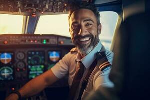 the cockpit of a plane with a happy man pilot with Generative AI photo