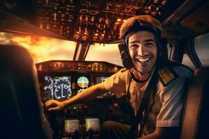 the cockpit of a plane with a happy man pilot with Generative AI photo