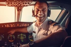 the cockpit of a plane with a happy man pilot with Generative AI photo