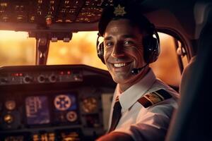 el cabina de un avión con un contento hombre piloto con generativo ai foto