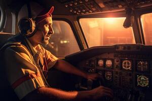 the cockpit of a plane with a happy man pilot with photo