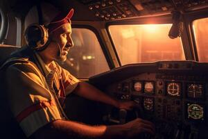 the cockpit of a plane with a happy man pilot with Generative AI photo