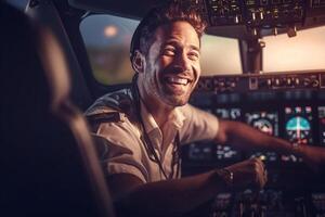 el cabina de un avión con un contento hombre piloto con generativo ai foto