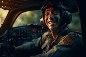 el cabina de un avión con un contento hombre piloto con generativo ai foto