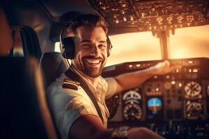 the cockpit of a plane with a happy man pilot with Generative AI photo