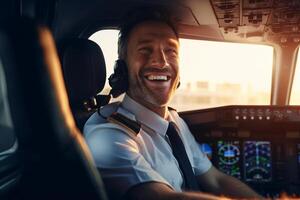the cockpit of a plane with a happy man pilot with photo
