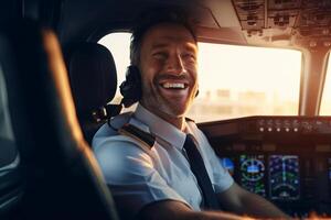 the cockpit of a plane with a happy man pilot with Generative AI photo