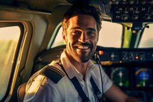 the cockpit of a plane with a happy man pilot with Generative AI photo