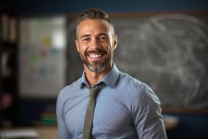 smiling male teacher in front of the whiteboard with photo