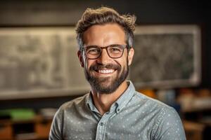 smiling male teacher in front of the whiteboard with photo