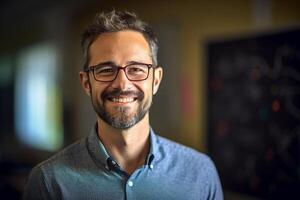 smiling male teacher in front of the whiteboard with Generative AI photo