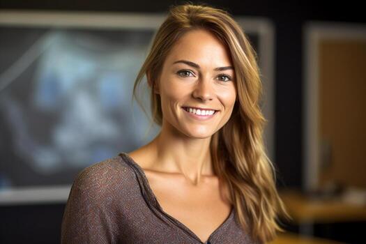 smiling female teacher in front of the whiteboard with photo