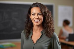 sonriente hembra profesor en frente de el pizarron con generativo ai foto