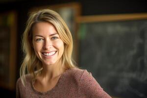 sonriente hembra profesor en frente de el pizarron con generativo ai foto