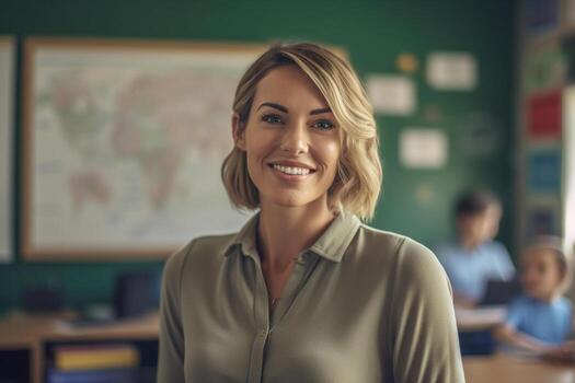 smiling female teacher in front of the whiteboard with photo