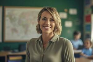 smiling female teacher in front of the whiteboard with Generative AI photo