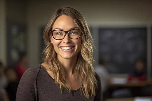 smiling female teacher in front of the whiteboard with photo
