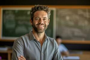 sonriente masculino profesor en frente de el pizarron con generativo ai foto