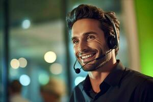 smiling male call center operator working in an office with photo