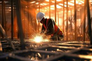 un trabajador es construyendo estructural acero de el construcción sitio con generativo ai foto