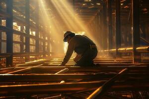 un trabajador es construyendo estructural acero de el construcción sitio con generativo ai foto