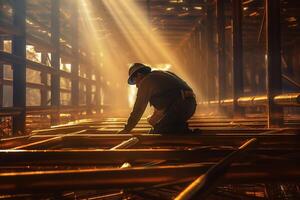 a worker is constructing structural steel of the construction site with photo