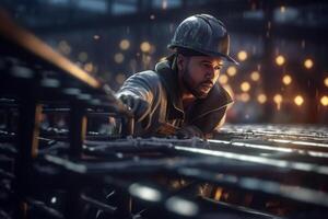 a worker is constructing structural steel of the construction site with photo