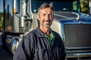 a smiling male truck driver standing in front of his truck with Generative AI photo