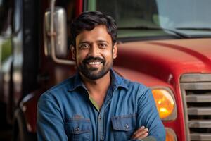 a smiling male truck driver standing in front of his truck with Generative AI photo