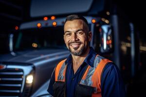 a smiling male truck driver standing in front of his truck with Generative AI photo