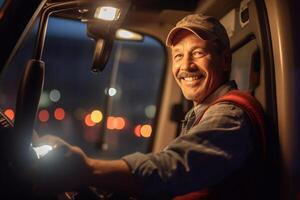 a smiling male truck driver at the wheel of a truck with photo