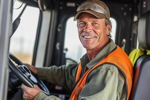 a smiling male truck driver at the wheel of a truck with photo