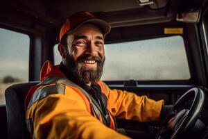 a smiling male truck driver at the wheel of a truck with photo