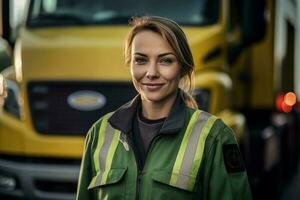 a smiling female truck driver standing in front of her truck with Generative AI photo