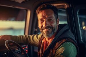 a smiling male truck driver at the wheel of a truck with Generative AI photo