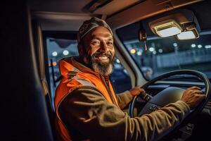 a smiling male truck driver at the wheel of a truck with photo