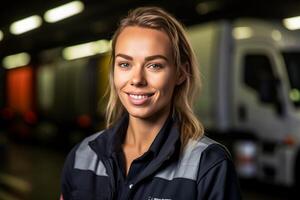 a smiling female truck driver standing in front of her truck with Generative AI photo