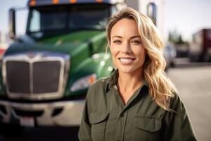 a smiling female truck driver standing in front of her truck with Generative AI photo