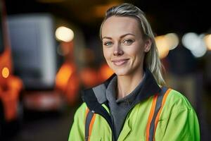 a smiling female truck driver standing in front of her truck with Generative AI photo