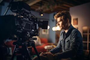director speaks on the set of a movie production with photo