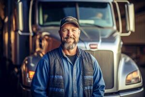 a smiling male truck driver standing in front of his truck with photo