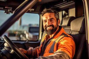a smiling male truck driver at the wheel of a truck with photo