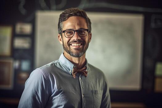 smiling male teacher in front of the whiteboard with photo