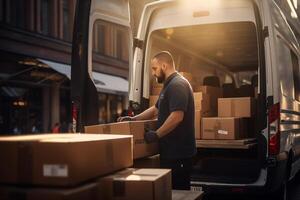 a man loading a van loading boxes with an unloading truck with Generative AI photo