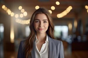 smiling female Real Estate Agent in a suit stands in new home with Generative AI photo