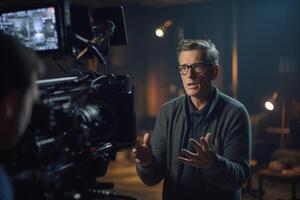 director speaks on the set of a movie production with photo